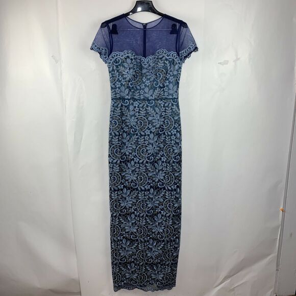 JS Collections Blue Metallic Illusion Yoke Scroll Embroidered Gown NWOT Size 2 - Picture 5 of 12